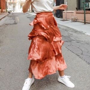 Anthropologie Maeve Orange Satin Cassia
Tiered Ruffle Maxi Skirt size 12